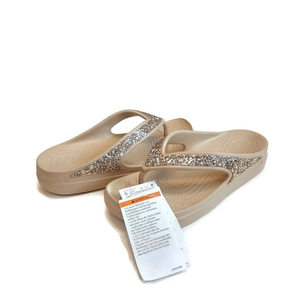 CROCS Sloane Glitter Wedge Flip Flops Womens Sz 8 Lightweight Sandals Chai Gold
